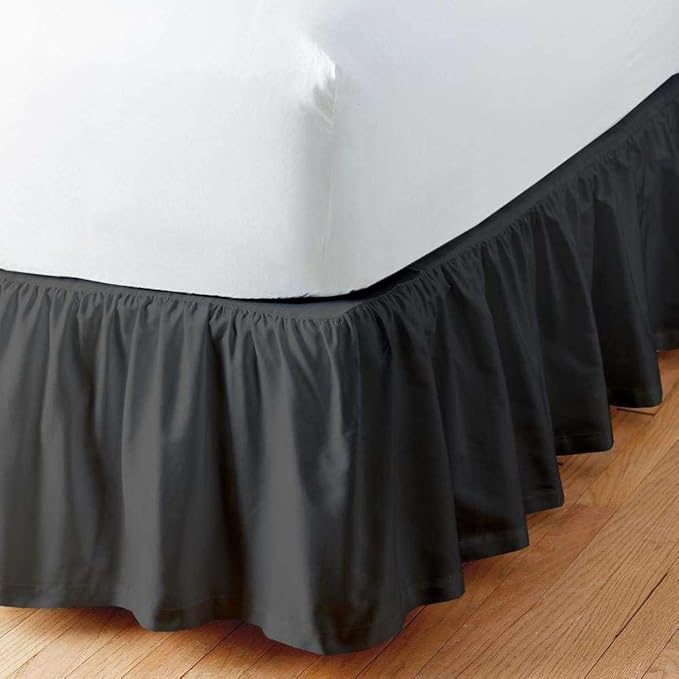Dark Grey Solid Ruffled Bed Skirt Short Queen-21 Inch Drop Split Corner, Microfiber Bedskirt with Platform Three Sided Coverage