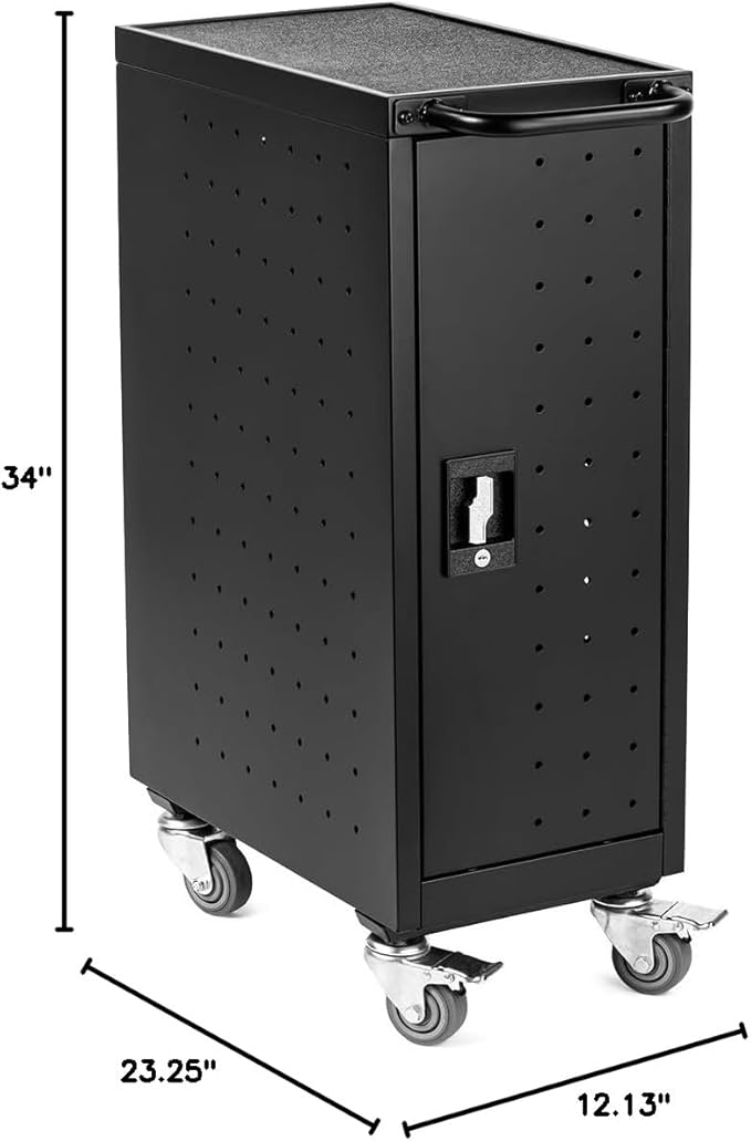 Line Leader Compact 16 Device Rolling Mobile Charging Cart for Chromebooks, Laptops, Tablets, Charging Station For Classrooms and Offices, Includes Power Strip and Locking Cabinet (Black, 34in x 23in)