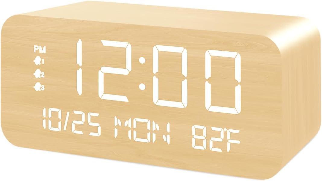Digital Alarm Clock, with Wooden Electronic LED Time Display, 3 Alarm Settings, Humidity & Temperature Detect, Wood Made Electric Clocks for Bedroom, Bedside (Yellow-Wireless)