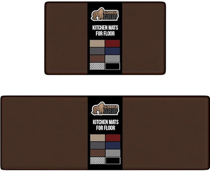 GORILLA GRIP 2 Pack Comfortable Cushioned Kitchen Mats for Floor, 17x24 + 17x48, Waterproof and Stain Resistant, 1/2 Inch Thick Soft Ergonomic Standing Desk Anti Fatigue Mat, Foam Supports Feet, Brown