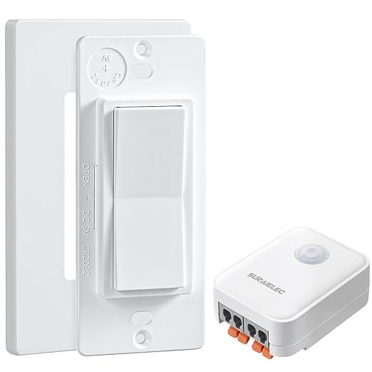 SURAIELEC Wireless Light Switch & Receiver Kit, 15A RF Remote Control Wall Switch, 100ft Range, Push-in Terminal Wiring, Expandable, Ultra-Thin Mini Size, Quick Installation (Neutral Wire Required)