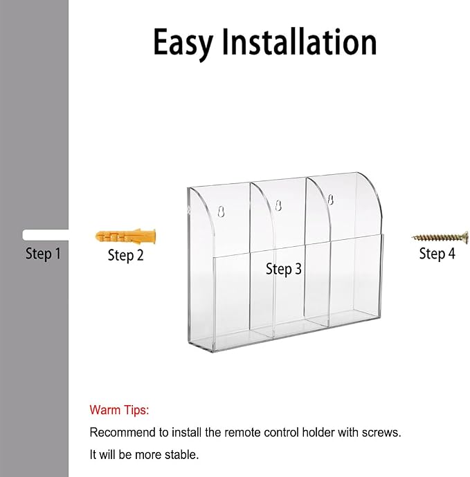 Hipiwe Wall Mount Remote Control Holder Acrylic Media Organizer, 3 Slots | - Image 5