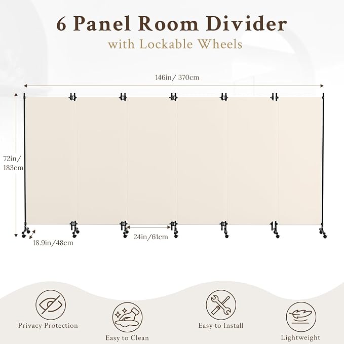 Kokorona 6 Panel Room Divider, 6FT Tall Folding Privacy Screen - Image 2