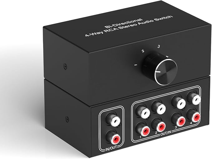Dingsun 4-Way Stereo Audio Switcher, Bi-Directional Right and Left Channel Audio Selector Box for Blu-ray Players or DVD Players Active Speakers (4In-1Out /1In-4Out)(1In-4Out /4In-1Out)