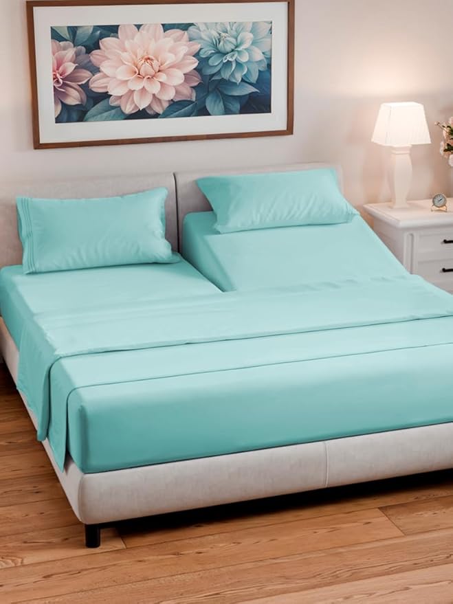 Split Head King Sheet Set – 4 Piece Flex Split Top King Sheets for Adjustable Beds - Fits 14” to 16" Mattress w/ Deep Pockets - Soft, Breathable & Cooling - Luxury Bedding and Wrinkle Free - Spa Blue