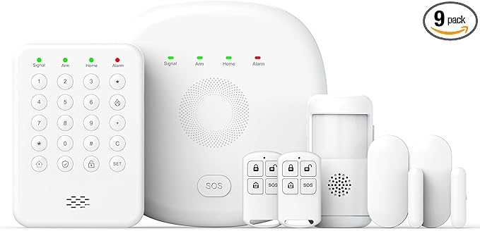 Home Security System 9-Piece Work with Alexa & Google No Monthly Fees,WiFi+4G Mobile App Control with Instant Alerts and Auto Alarm Dial,Door/Window Sensors+Motion Detectors+Remote,24/7 Monitoring