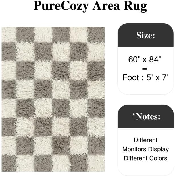 Grey 5x7 Area Rug for Living Room Soft Checkered Shag Carpet | Machine Washable - Image 2