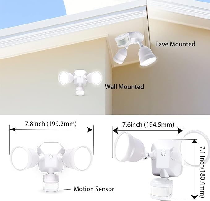 EMANER Motion Sensor Outdoor Lights, Dusk to Dawn Porch Flood Light 5000K, 4-Mode, 2800lm Wired Security Spotlight Wall Mount for Garage Porch Soffit Under Eave (2-Pack, White)