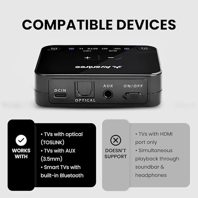 Avantree HT41899 Plus 2 - Dual Bluetooth Wireless Headphones for TV Watching with Transmitter & Charging Docks, aptX Adaptive & Low Latency Support, Compatible with Optical & 3.5mm AUX TVs