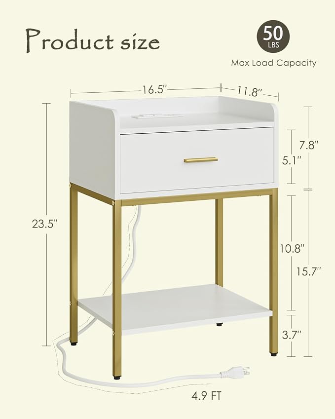 Nightstand with Charging Station, 3-Tier Bedside Table - Image 2