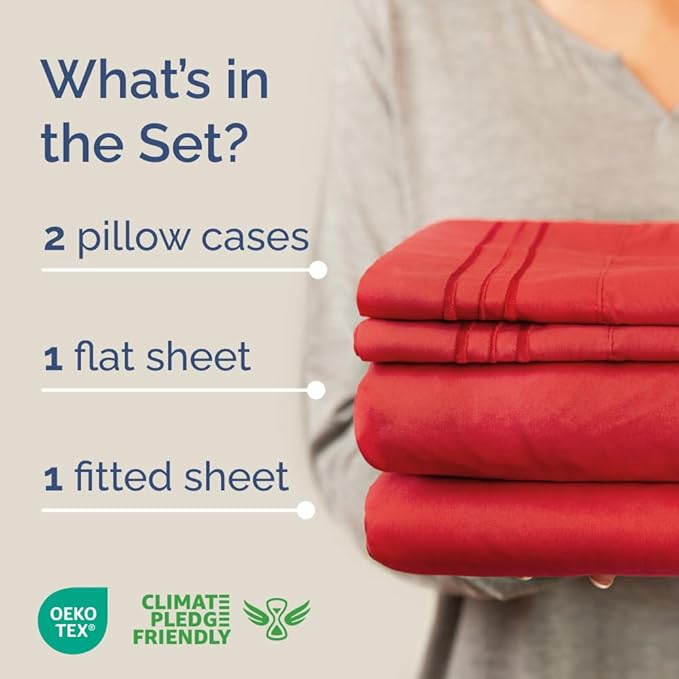 Full XL Bed Sheet Set - 4 Piece Extra Long Extended Full XL Sheets - Soft, Breathable and Cooling - Fits 8" to 16" Mattress with Deep Pockets - 54" x 80" - Easy-Fit, Wrinkle and Fade Resistant - Red