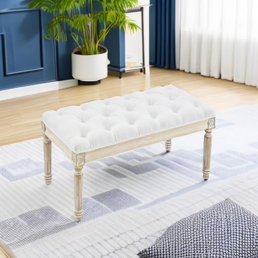 LOULENS 31'' Entryway Bench, Linen Upholstered End of Bed Bench, Brushed Wood - Image 2