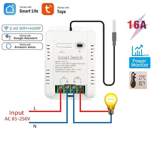 MHCOZY WiFi Temperature Controller Sensor Module, Tuya app Wireless Remote 16A Smart Switch with Energy Consumption Monitoring,Compatible with Alexa Google
