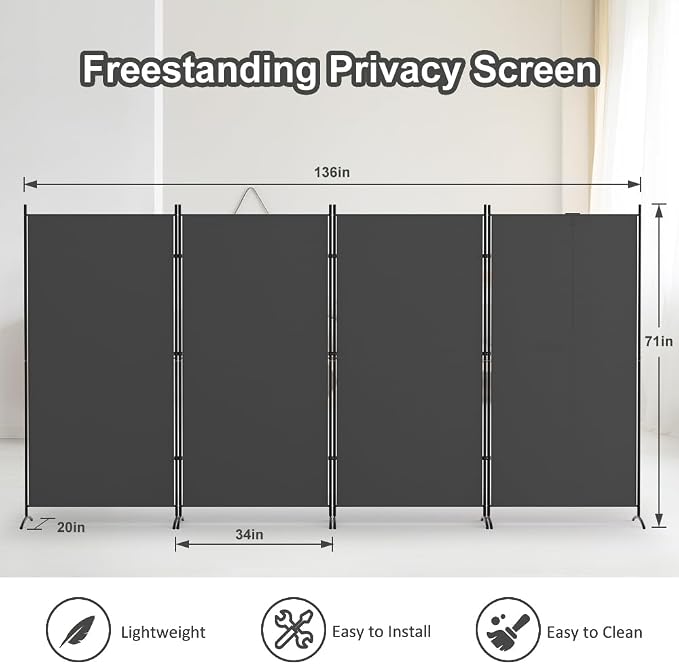 Kokorona 4 Panel Room Divider, 6FT Tall Folding Privacy Screen Wall Dividers - Image 2
