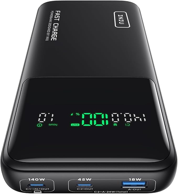 INIU 140W Power Bank, 27000mAh High Capacity Laptop Portable Charger, USB C Tablet Powerbank, Smart Digital Display Phone Charge for iPhone 17 16, Samsung, iPad, MacBook, Camping, Outdoor, Travel etc