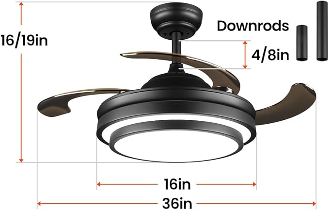 LIGHTIMES 36 Inche Modern Black Ceiling Fan with Dimmable LED Light, Retractable Celing Fan with APP/Remote Control, 6 Speed,for Bedroom Live Room