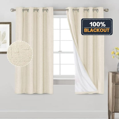 PrinceDeco Blackout Curtains 100% Blackout Linen Textured Curtains for Bedroom Solid Thermal Insulated with White Liner Grommet Room Darkening Curtains & Drapes, Set of 2, 52" W x 63", Bleached Sand