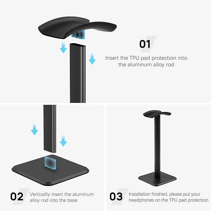 JIKIOU Headphone Stand Gaming Headset Holder Universal Aluminum Metal Headphones Holder Hanger with Aluminum Supporting Bar Flexible Headrest ABS Solid Base for All Headphone 2 Pack (Black)