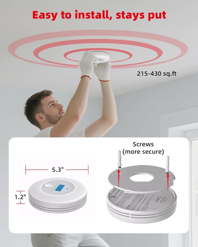 KIMROG 10-Year Sealed Battery 2-in-1 Smoke & Carbon Monoxide Detector Alarm | Home/Garage Combo CO & Smoke Alarm Detector with Backlit LCD Display & V-0 Flame-Retardant Housing (1-Pack)
