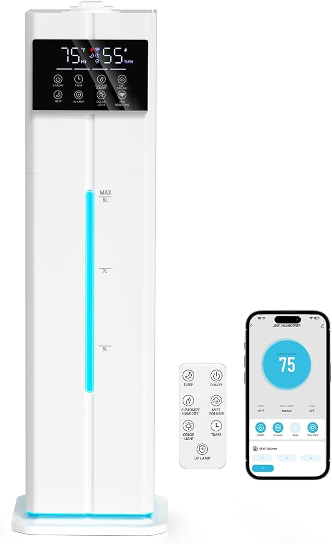 Zeova 9L/2.4Gal Smart Cool Mist Humidifier, Top Fill Quiet Humidifier Large Room, Covers 550ft², App & Remote Control, 60H Runtime, 7 Colors Light, 4 Mist Modes Humidifiers for Bedroom, Office, White