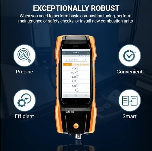 testo 300 Combustion Analyzer HVAC Kit with Printer - Combustion Leak Tester for Flue Gas, Draft, Differential Pressure & Ambient CO - Natural Gas Leak Tester with Probes - CO Meter with Touch Display