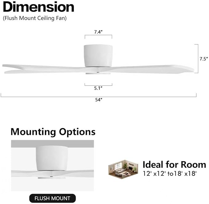 WINGBO 54" Flush Mount DC Ceiling Fans Without Lights, 5 Carved Solid Wood Blades, 6-Speed Reversible DC Motor, Low Profile Hugger Ceiling Fan No Lights for Living Room Bedroom Patio, Gloss White