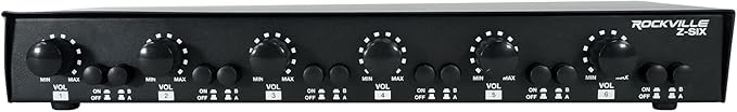 Rockville Z-SIX 300W 6-Zone Audio Zoner 8-Ohm, Multi-Room Control, Dual Source Inputs, Volume Control, for Home and Commercial Audio Systems