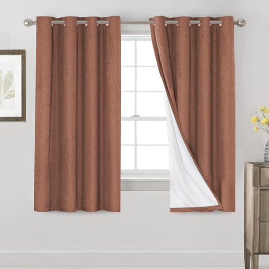 PrinceDeco Thick Linen Blend Curtains 100% Blackout Curtains 64 inch Long 2 Panels Set for Bedroom Nursery Living Room Full Blackout Window Draperies with White Liners 42" Wide,64" Length,Washed Spice