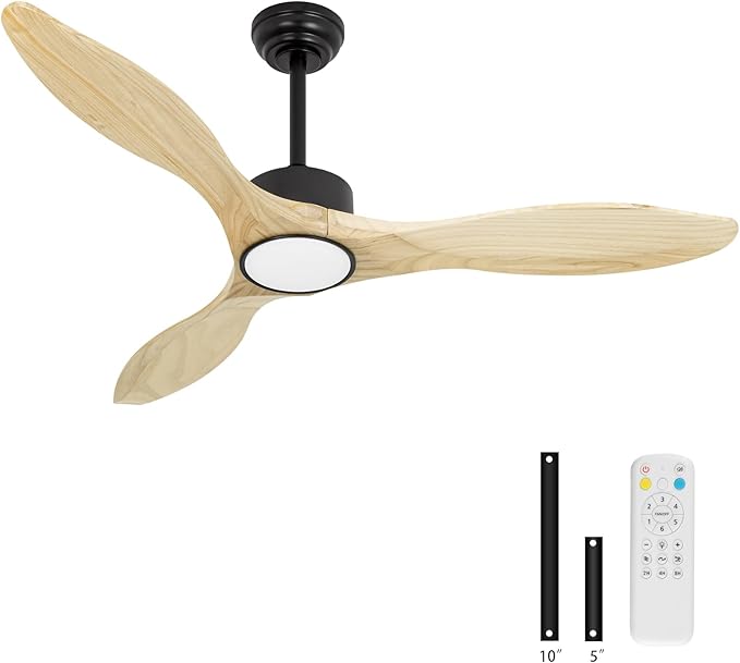 Revoici 52 inch Ceiling Fans with Lights and Remote, 3 Natural Wood Blades, Modern Indoor/Outdoor Ceiling Fan for Living Room Bedroom Farmhouse Patio, 6 Speeds, Dimmable, Noiseless Reversible DC Motor