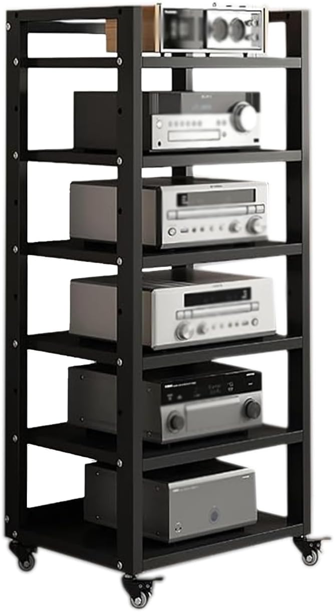 Dernoing 6 Tier Audio Rack Tower, CD Record Player Stereo Receiver AV Equipment Cabinet Display Rack, Weight Capacity 661 lbs, with Adjustable Wooden Shelves for Home (6 Tier Black)