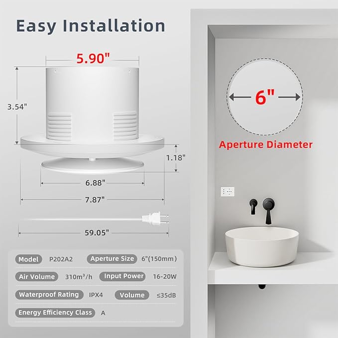 6 Inch Bathroom Exhaust Fan with Switch, Upgraded Exhaust Fan ≤35dB Low Noise IPX4 Waterproof Household Ventilation Fans, Window Ceiling Wall Mount Vent Fan for Attic Basement Garage Washroom P202A2