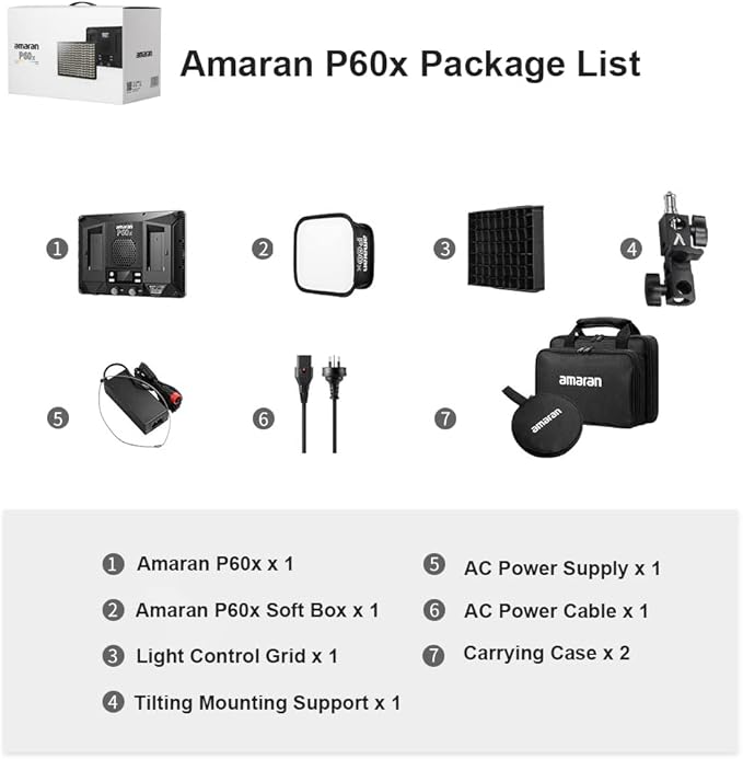Aputure Amaran P60x 60W Output Bi-Color Lensed LED Panel Video Light 5070+ lux, CRI 95+, TLCI 97+, Color Temperature 3200K~6500K, APP Control & 4 Built-in Lighting FX, Softbox, Carring Case
