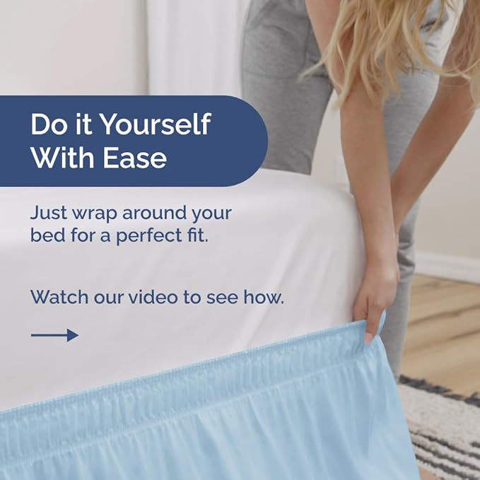 Wrap Around Dust Ruffle Bed Skirt - Light Blue - for Queen Size Beds with 15 Inch Drop - Elastic Strap - Adjustable Pleated Bedskirt with Brushed Fabric and Wrinkle Free - For Women, Men, Kids & Teens