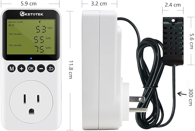 KETOTEK Digital Humidity Controller Outlet Plug with Sensor Probe, 120V Humidistat Controller Plug for Reptile Mushroom Greenhouse, Humidity Switch Outlet