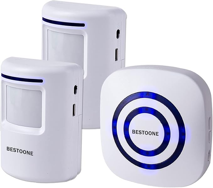 BESTOONE Motion Sensor Alarm, Long Range Wireless Driveway Alarm, Indoor Home Security System Electric Doorbells, 2 Motion Detector and 1 Alarm, 38 Chime Tunes, LED Indicator