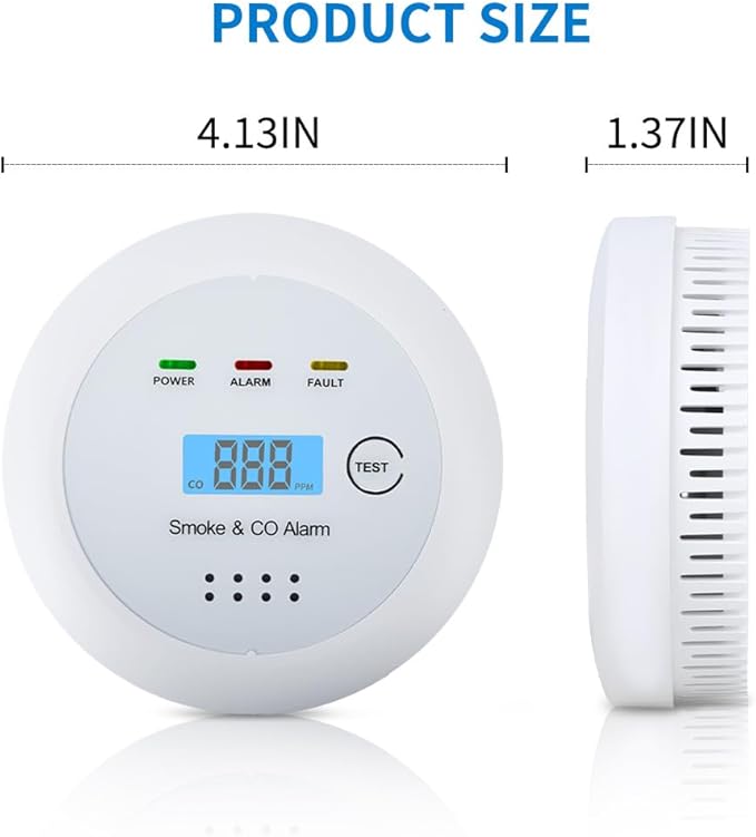2 in1 Smoke Detector Carbon Monoxide Detector Combo,with LCD Digital Display and Sound Warning Test Button，Battery Powered，Easy Installation, for Home, Bedroom, Kitchen (1PACK)