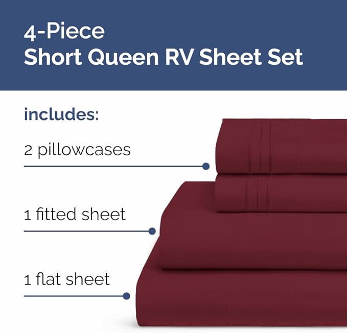RV Short Queen Sheet Set 60 X 75 - 4 Piece RV Short Queen Bed Sheets - Soft, Breathable & Cooling - Designed for Bunks, Trailers & Campers - Fits 8” to 12" Mattress - Hotel Luxury Bedding - Burgundy