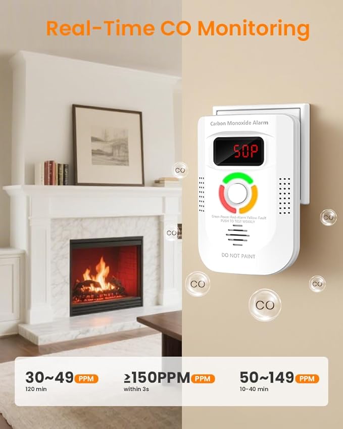 KIMROG Carbon Monoxide Detector, Plug in CO Detector for Home Safety, Real-Time LED Digital Display, Fast Alarm at Threshold