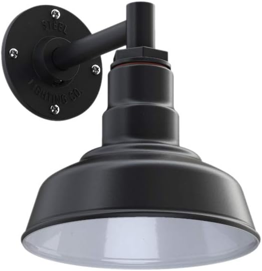 Steel Lighting Co. Hawthorne Barn Light | Outdoor Wall Mounted | 8 inch Dome | 6 inch Straight Arm| Small Farmhouse Light Made in America | Matte Black Exterior/White Interior