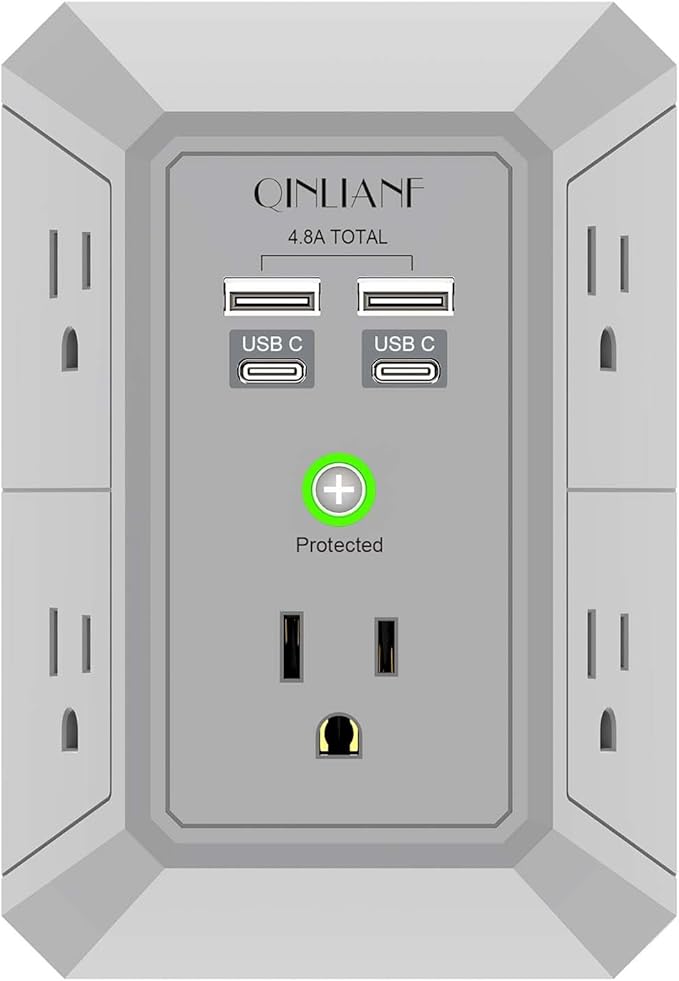 USB Wall Charger, Surge Protector, QINLIANF 5 Outlet Extender with 4 USB Charging Ports (4.8A Total) 3-Sided 1680J Power Strip Multi Plug Outlets Wall Adapter Spaced for Home Travel Office(2U2C),Grey