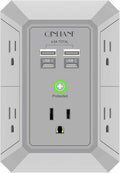 USB Wall Charger, Surge Protector, QINLIANF 5 Outlet Extender with 4 USB Charging Ports (4.8A Total) 3-Sided 1680J Power Strip Multi Plug Outlets Wall Adapter Spaced for Home Travel Office(2U2C),Grey