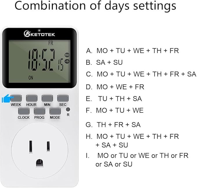 Digital Plug-in Timer Outlet Socket 20 on/Off Programmable Timer Switch 24 Hours 7 Days Programs and Countdown Energy Saving Timing Plug Socket (15A 1725W 115VAC)
