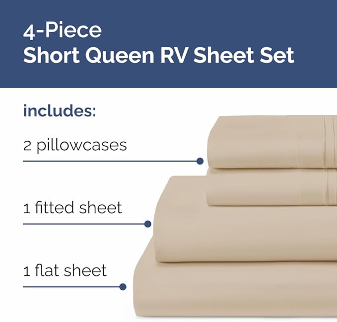 RV Short Queen Sheet Set 60 X 75 - 4 Piece RV Short Queen Bed Sheets - Soft, Breathable and Cooling - Designed for Bunks, Trailers & Campers - Fits 8” to 12" Mattress - Hotel Luxury Bedding - Cream