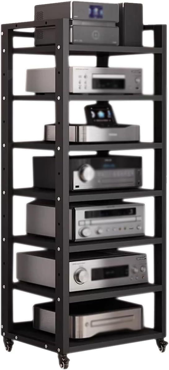 Dernoing 7 Tier Audio Rack Tower, CD Record Player Stereo Receiver AV Equipment Cabinet Display Rack, Weight Capacity 661 lbs, with Adjustable Wooden Shelves for Home (7 Tier Black)