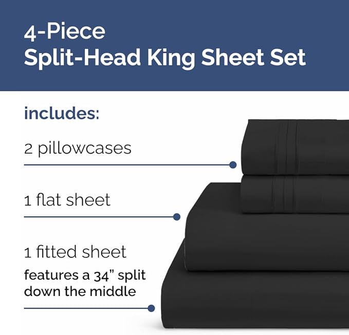 Split Head King Sheet Set – 4 Piece Flex Split Top King Sheets for Adjustable Beds - Fits 14” to 16" Mattress w/ Deep Pockets - Ultra-Soft, Breathable & Cooling - Luxury Bedding & Wrinkle Free - Black