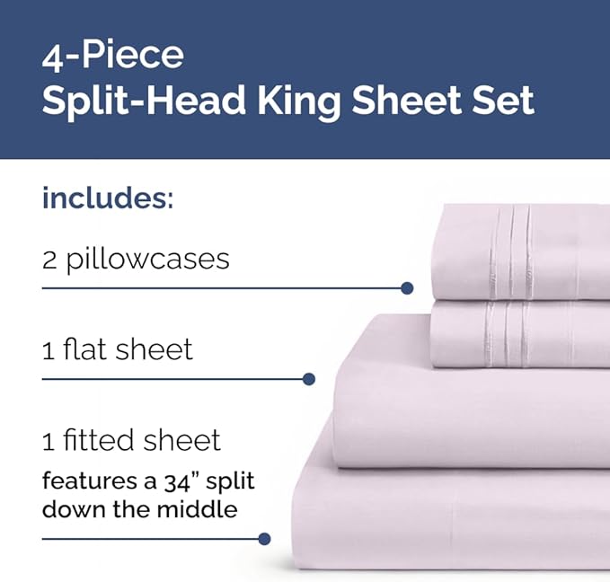 Split Head King Sheet Set – 4 Piece Flex Split Top King Sheets for Adjustable Beds - Fits 14” to 16" Mattress w/ Deep Pockets - Breathable & Cooling - Luxury Bedding and Wrinkle Free - Light Lavender