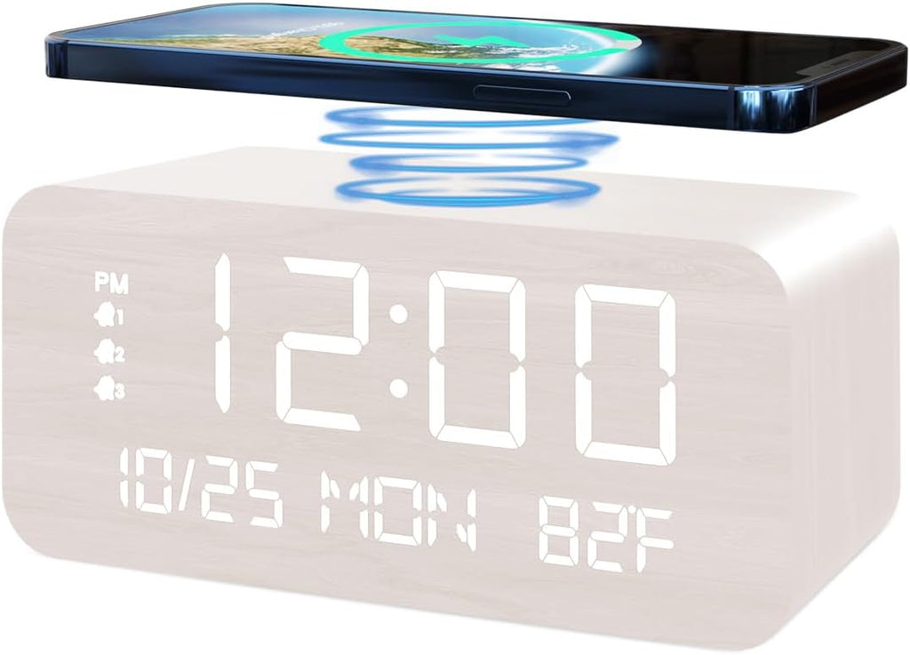 JALL Digital Alarm Clock, with Wooden Electronic LED Time Display, 3 Alarm Settings, Humidity & Temperature Detect, Wood Made Electric Clocks for Bedroom, Bedside, Desk (White-Wireless)