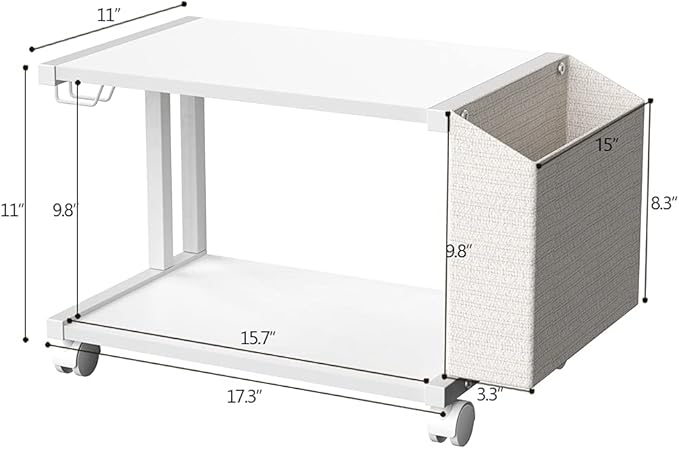 VEDECASA 2 Tier Modern White Wooden Under Desk Printer Stand with Storage Bag for Home Office Desktop Printer Table Organizer Mobile Printer Shelf Cart with Caster Wheel (White)
