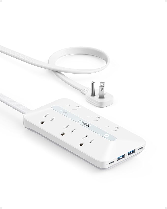Anker Power Strip with 300J Surge Protector, 5ft Outlet Extender, 6AC | Flat by Unknown