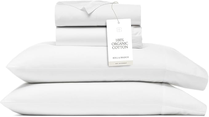 BOLL & BRANCH Signature Hemmed Sheet Set - California King, White - Luxury 100% Organic Cotton - Includes 1 Flat, 1 Fitted, 2 Pillowcases - Buttery Soft